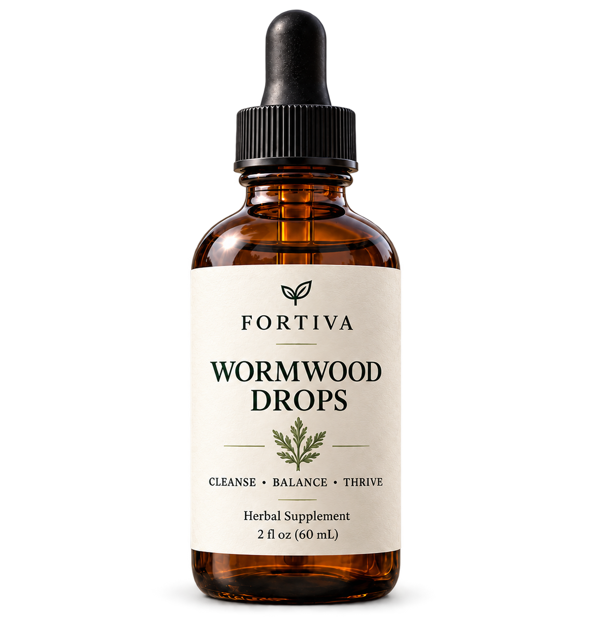 Fortiva Wormwood Drops, amber glass bottle with cream label and black dropper