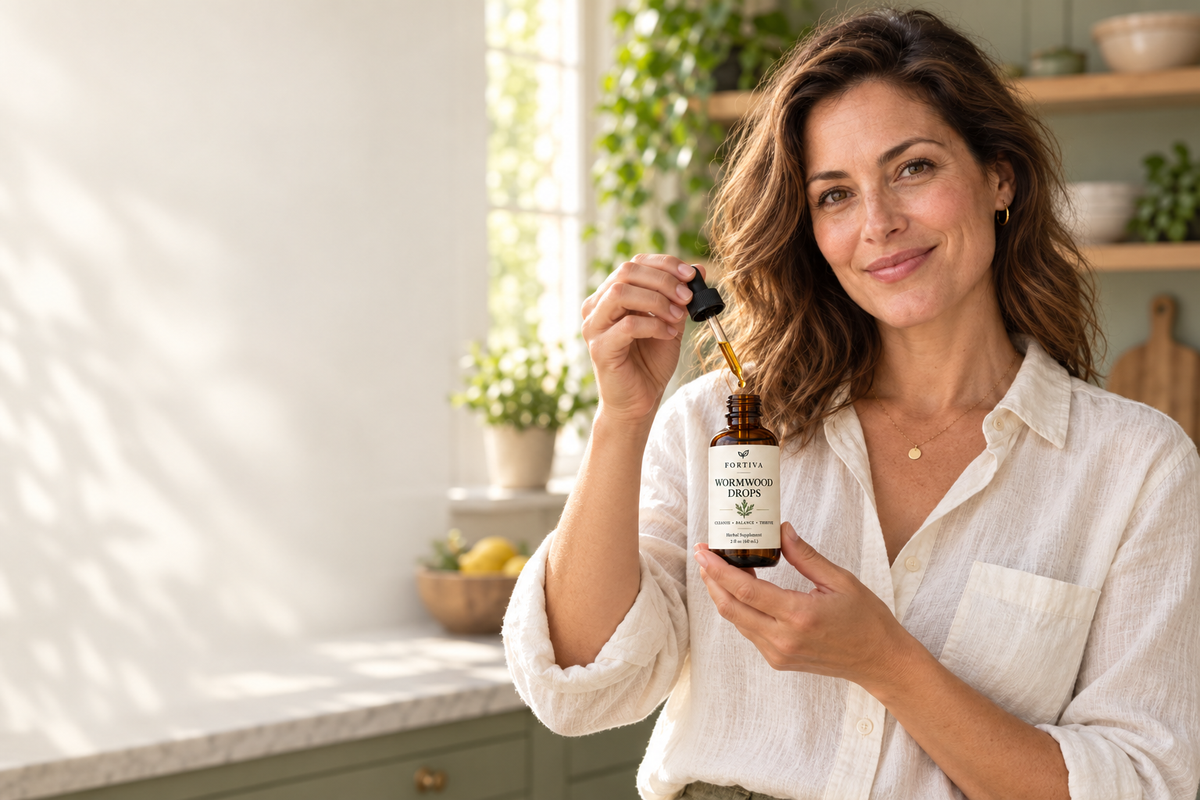 Fortiva Wormwood Drops in a bright kitchen wellness routine
