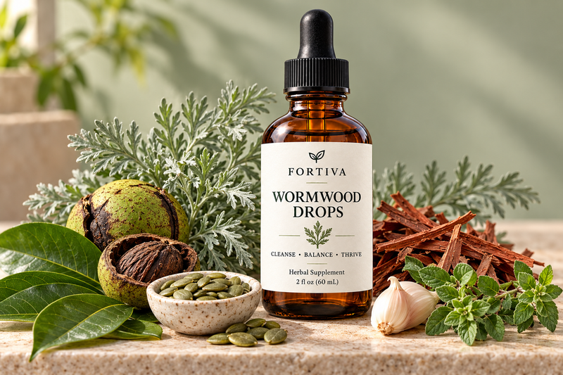 Fortiva Wormwood Drops surrounded by wormwood, walnut hull, soursop leaves, pumpkin seeds, bark, garlic and oregano