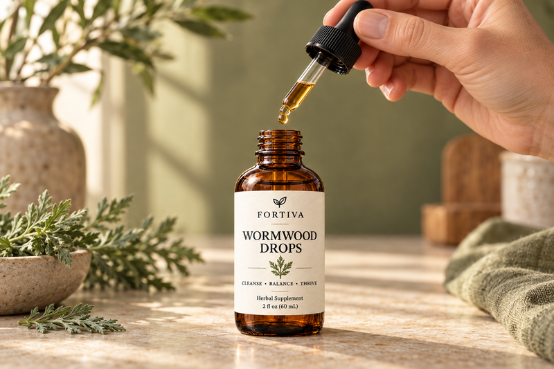 A hand lifting the Fortiva dropper, with a drop of liquid above the open bottle