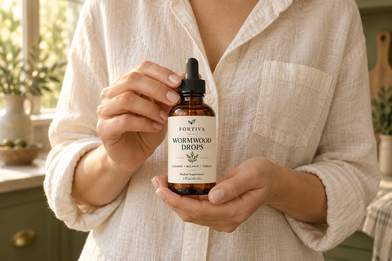 Hands holding the closed 60 mL Fortiva bottle to show its compact size