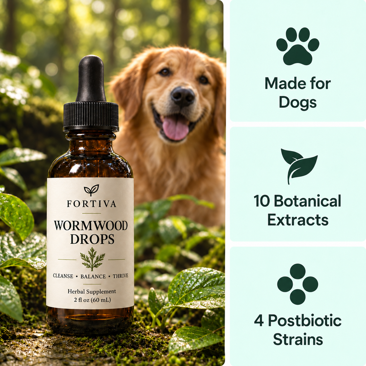 Fortiva bottle with a golden retriever and dog formula panels