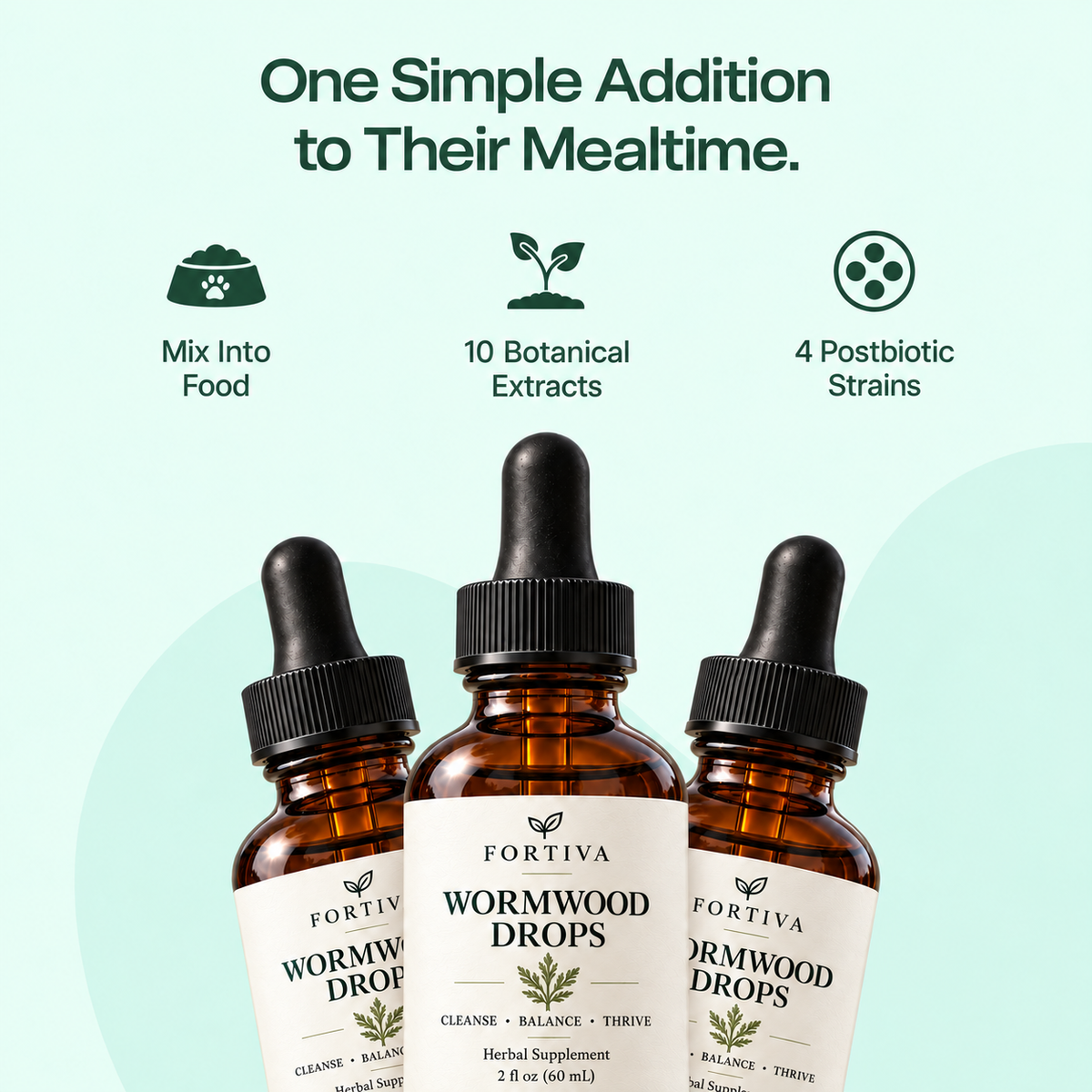 Three Fortiva bottles with food-mixing format, 10 extracts and four postbiotic strains