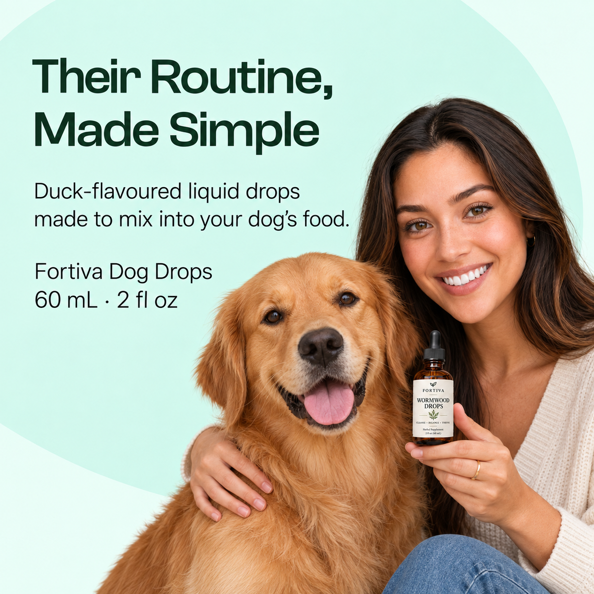 Woman and golden retriever beside Fortiva Dog Drops product information