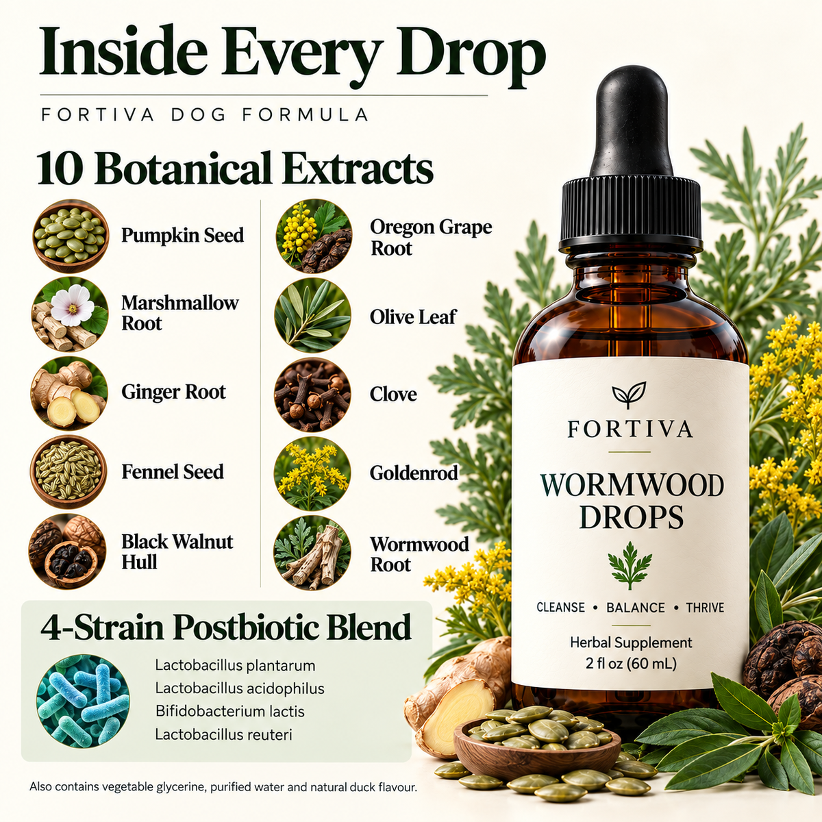 Complete Fortiva dog formula: 10 botanical extracts and four postbiotic strains