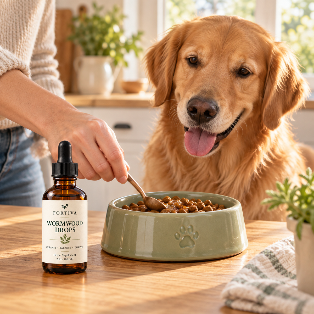 Fortiva Wormwood Drops beside a dog's food bowl
