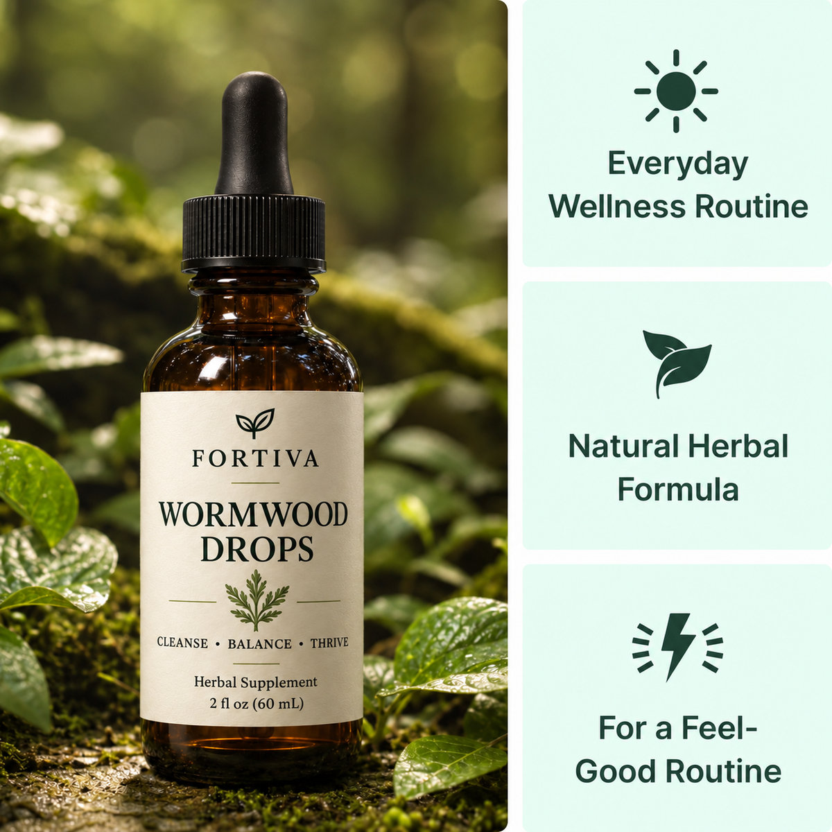 Fortiva Wormwood Drops on a forest floor with three product-format panels