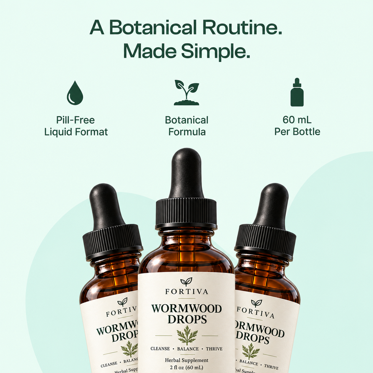 Three Fortiva bottles with botanical formula, liquid format and 60 mL details