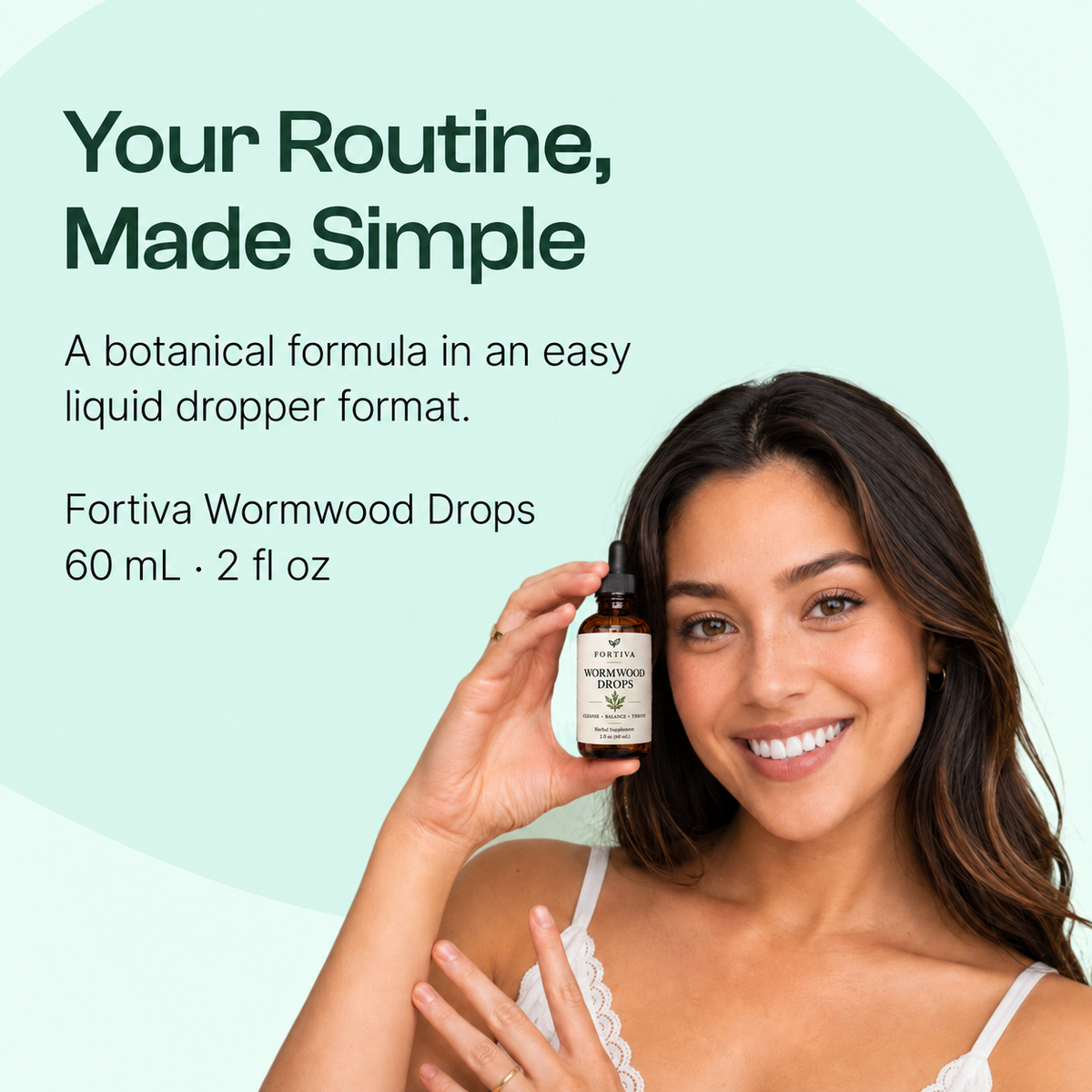Woman holding a Fortiva bottle beside product-format information