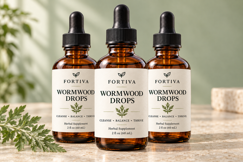 Three Fortiva Wormwood Drops bottles displayed together as a bundle