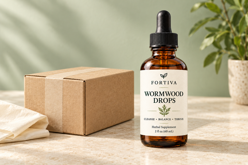 Fortiva Wormwood Drops beside a plain parcel illustrating the store’s return policy