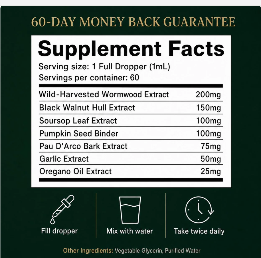 Supplement facts and usage information for Fortiva Wormwood Herbal Drops